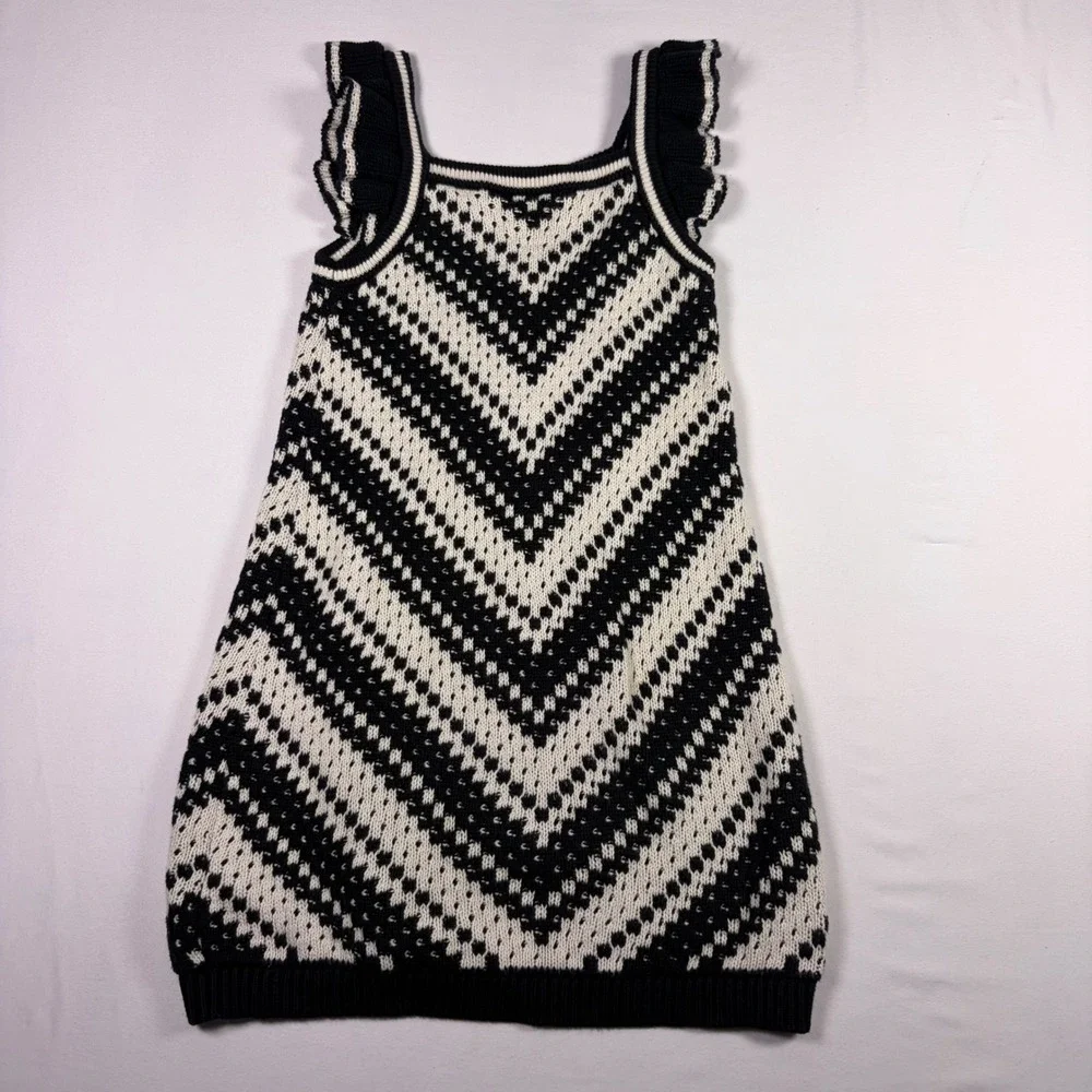 Gap Crochet Dress Chevron Knit Ruffle Sleeve Black White Minimalist Boho Girls 5